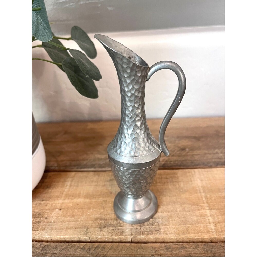 Vintage Heavy TKF Handmade Indonesia Hammered Pewter Ewer Pitcher